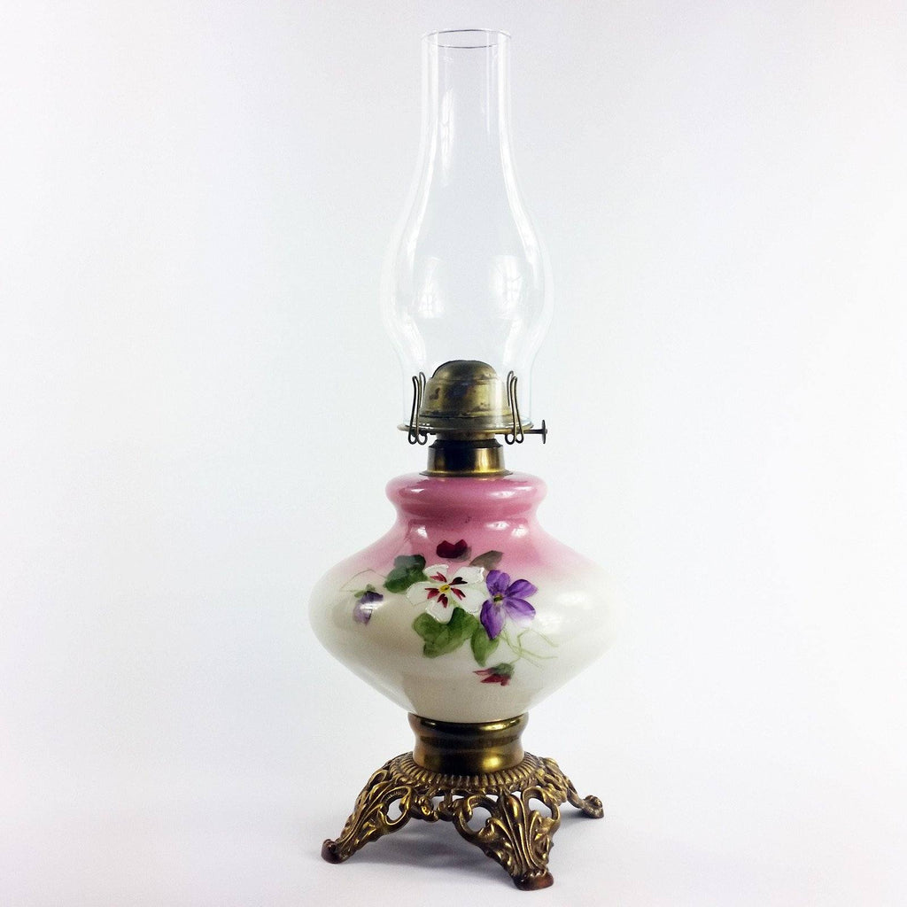 Antique Victorian Porcelain Kerosene Oil Lamp Hand Painted Pansy Art