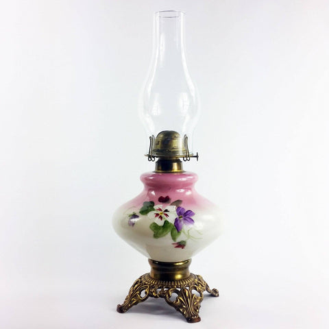 Antique Victorian Porcelain Kerosene Oil Lamp Hand Painted Pansy Art