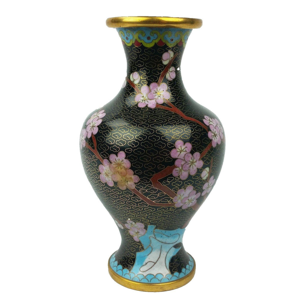 Asian Brass Hand Enameled Champleve Cloisonne Cherry Blossom Vase