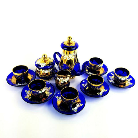 Bohemian Czech Cobalt Blue Art Glass Tea Set with Enamel Flowers 17 pieces