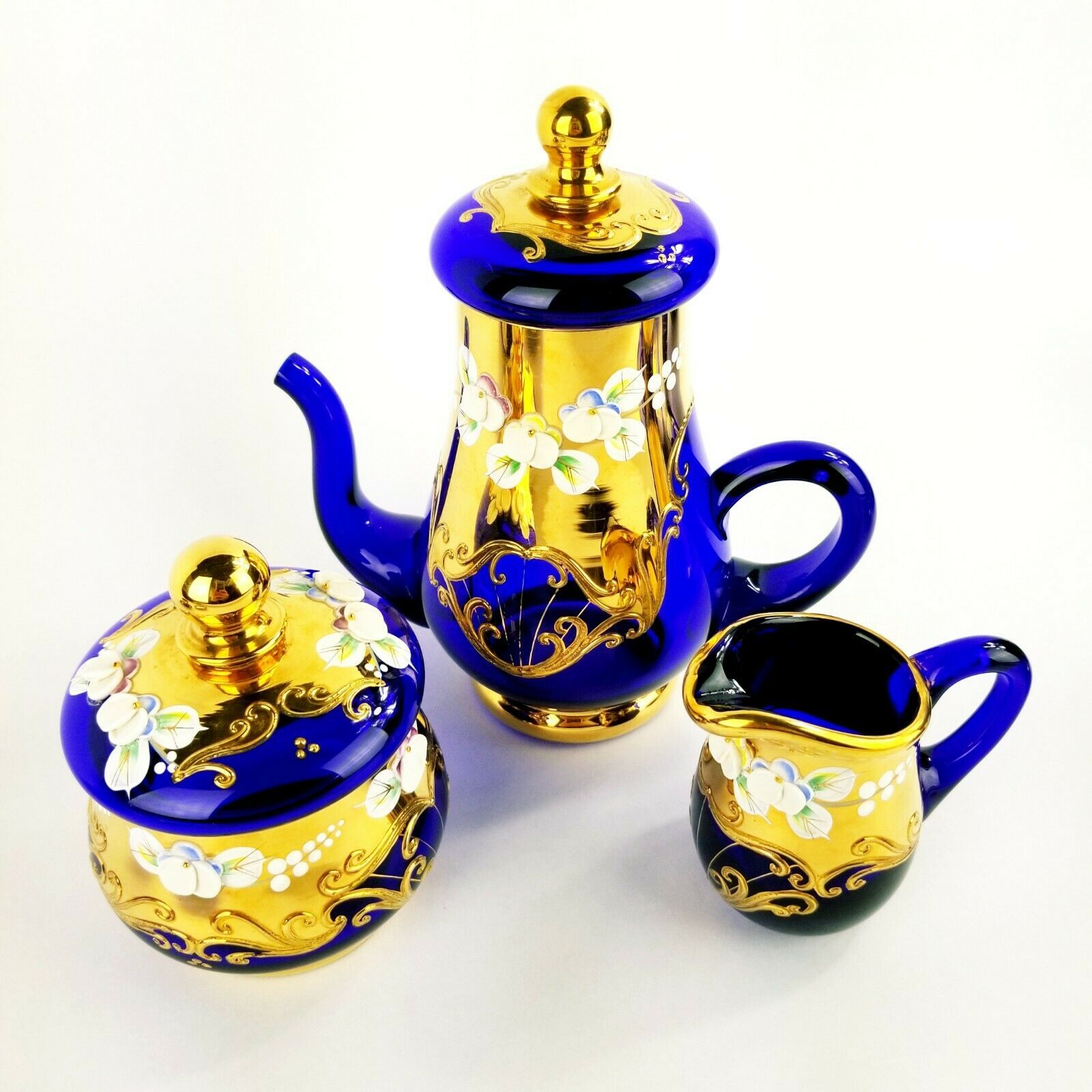 Bohemian Czech Cobalt Blue Art Glass Tea Set with Enamel Flowers 17 pi -  City Farmhouse Antiques