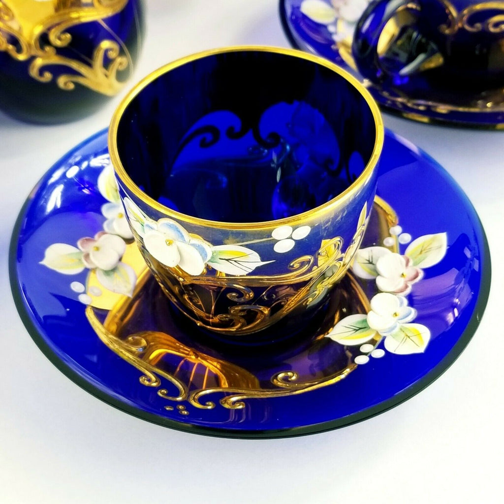 Bohemian Czech Cobalt Blue Art Glass Tea Set with Enamel Flowers 17 pieces