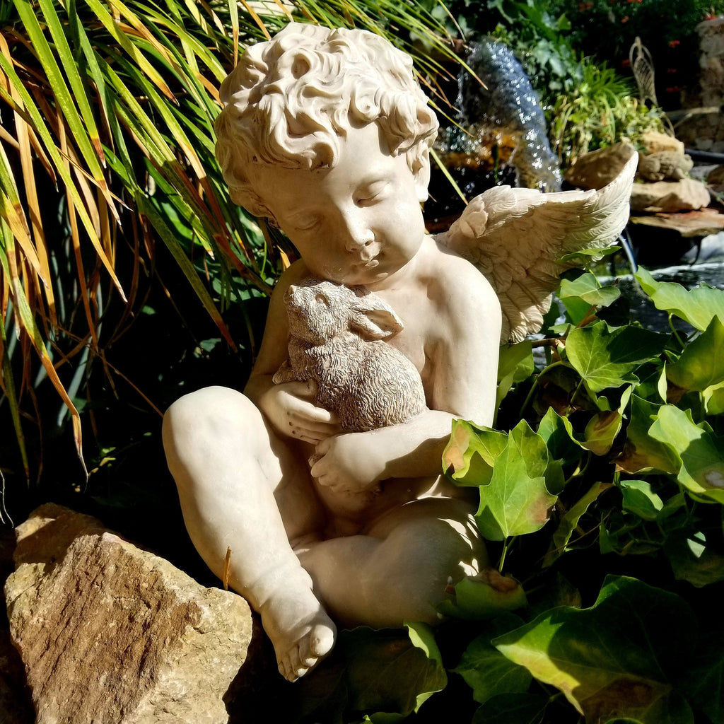 本当に信頼出来る店 Cherub Farmhouse City - Rabbit Holding Statue Angel Garden アート・デザイン・音楽
