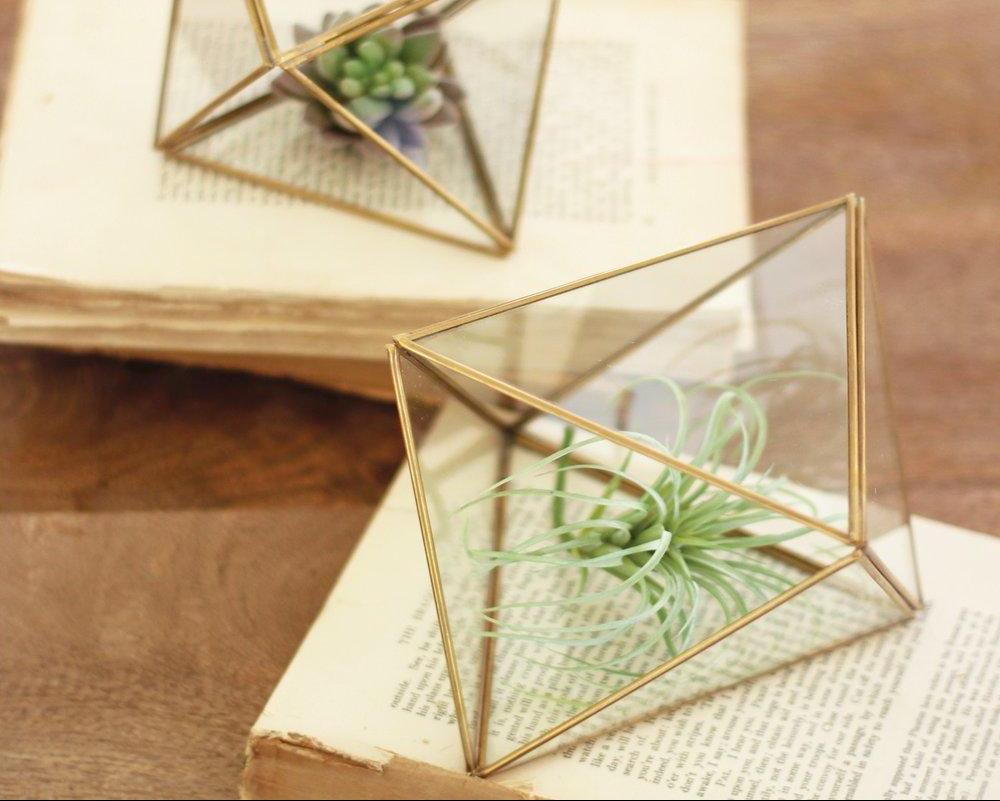 Glass And Metal Faceted Terrarium Set Of 2