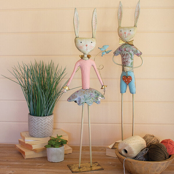 Painted Metal Tall Girl and Boy Bunny Rabbit Set