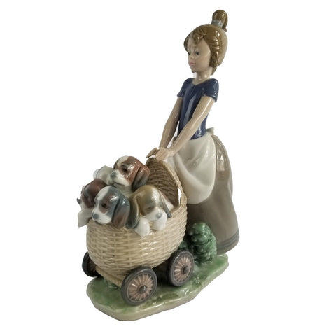 Lladro Litter Of Fun 5364 Girl With Stroller Full Of Puppies