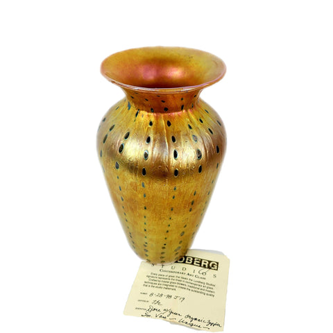 Lundberg Studios Gold Dore Organic Green Zipper Art Glass Vase Unique