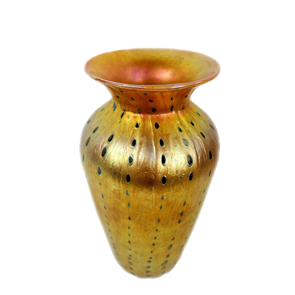 Lundberg Studios Gold Dore Organic Green Zipper Art Glass Vase Unique