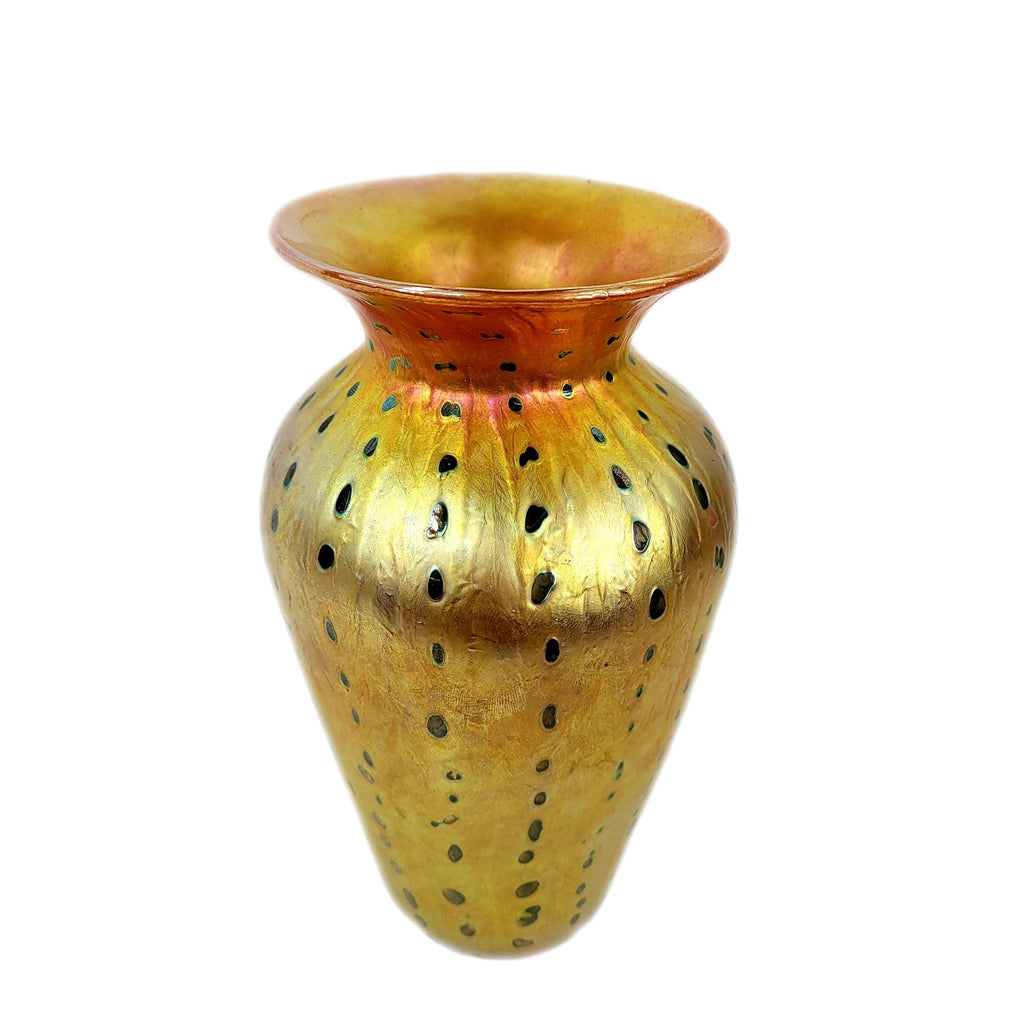 Lundberg Studios Gold Dore Organic Green Zipper Art Glass Vase Unique