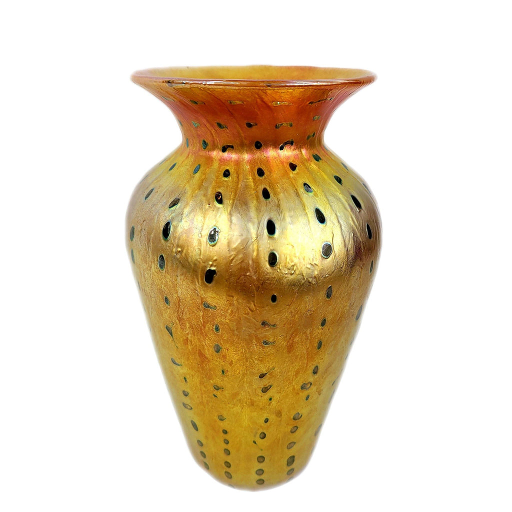 Lundberg Studios Gold Dore Organic Green Zipper Art Glass Vase Unique