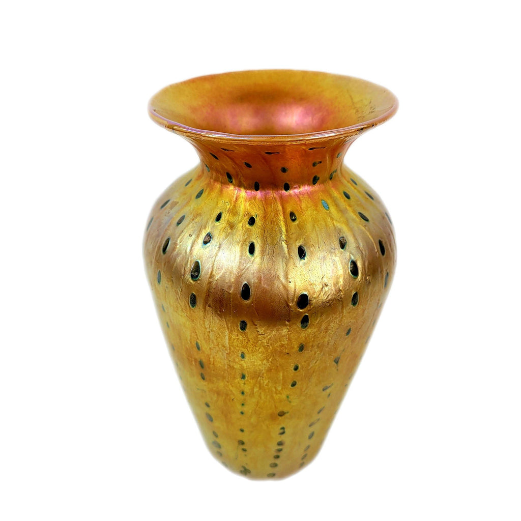 Lundberg Studios Gold Dore Organic Green Zipper Art Glass Vase Unique