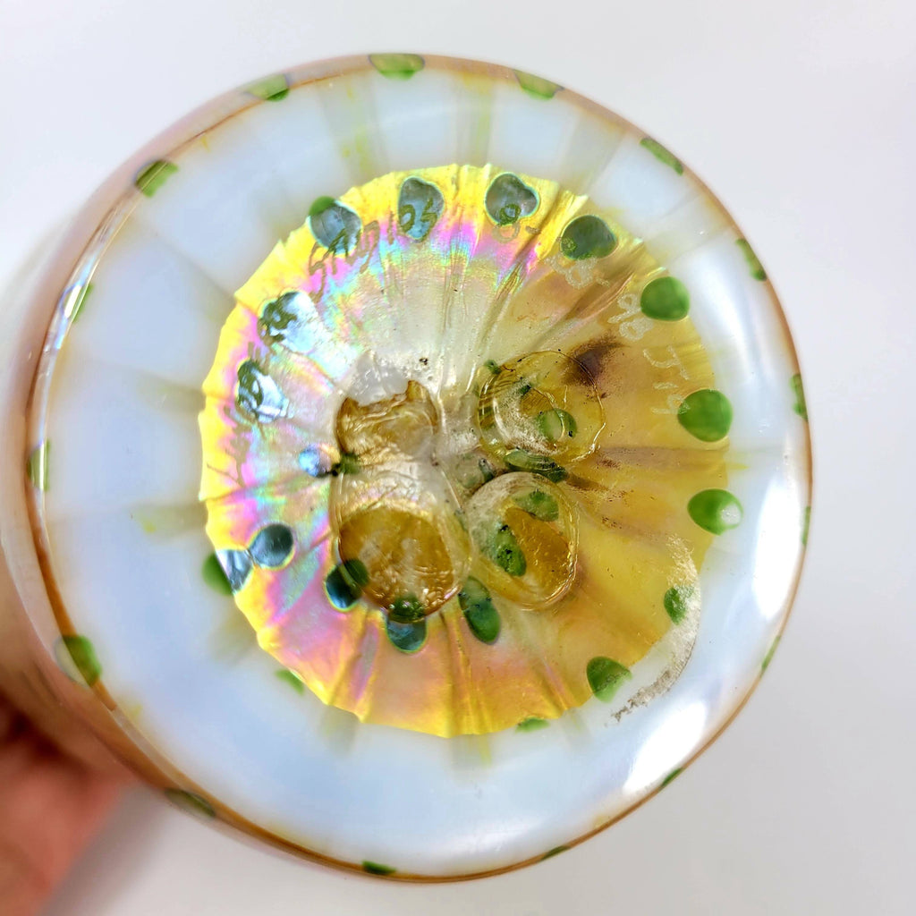 Lundberg Studios Gold Dore Organic Green Zipper Art Glass Vase Unique