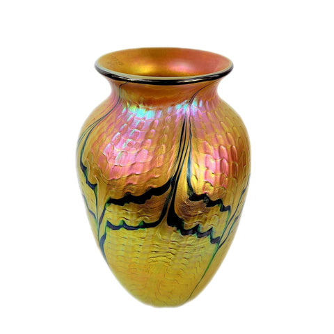 Lundberg Studios Gold Iridescent Ribbed Art Glass Vase