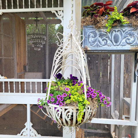 Metal Wrought Iron Hanging Flower Planter Basket Off White