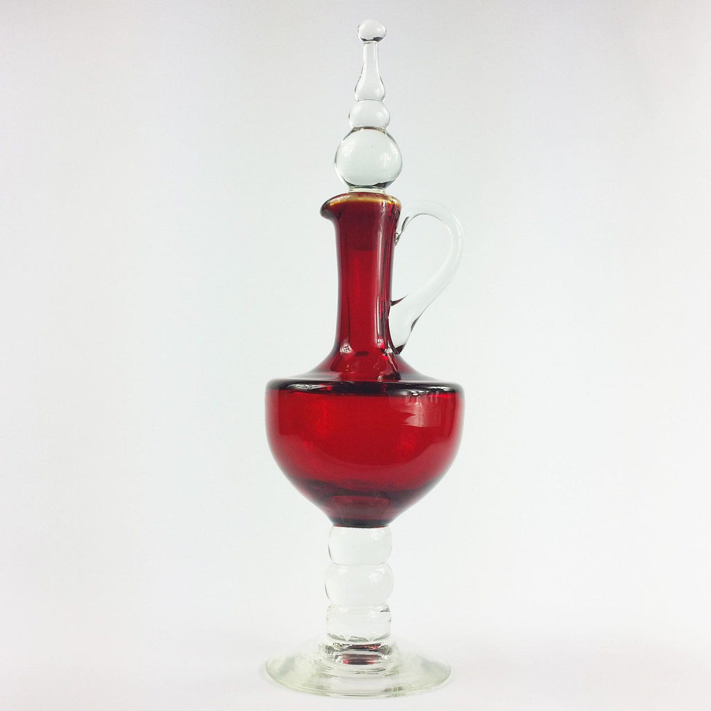 Mid Century Cranberry Art Glass Decanter With Multi Bulbous Stopper