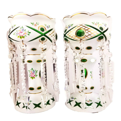 Moser Style Bohemian Czech Cut to Green Enamel Flower Glass Mantle Lusters