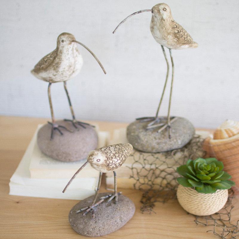 Painted Clay Shore Birds On Rock Bases Set Of 3