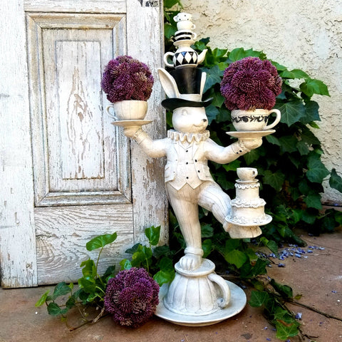 Resin Bunny Rabbit Balancing Tea Cups 24"