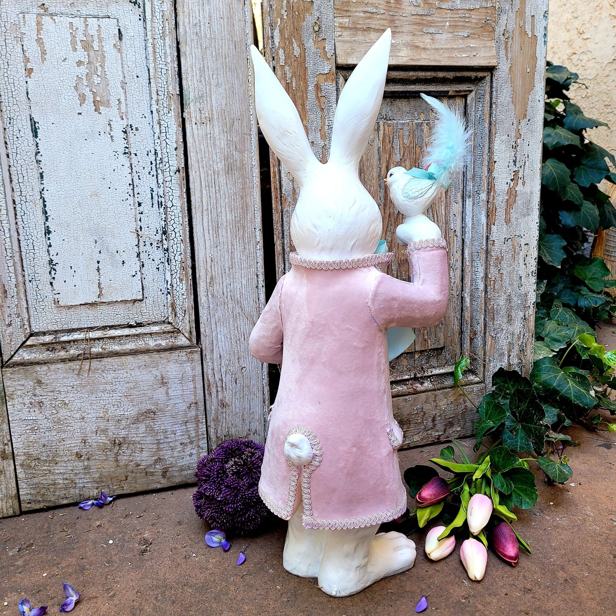 Decorative Sitting Rabbit Figurine Wearing Pastel Pink Halloween Inspi