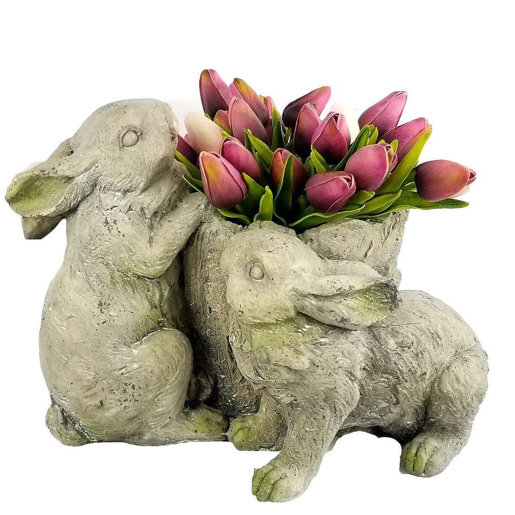 Resin Bunny Rabbits Around Tree Stump Garden Flower Pot Planter