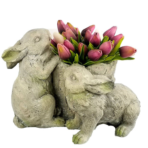 Resin Bunny Rabbits Around Tree Stump Garden Flower Pot Planter