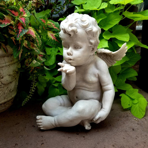 Resin Cherub Angel Blowing A Kiss Garden Figurine With Antique Wash