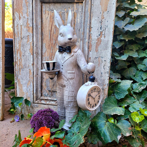 Resin Gray And Black Bunny Rabbit Holding Clock
