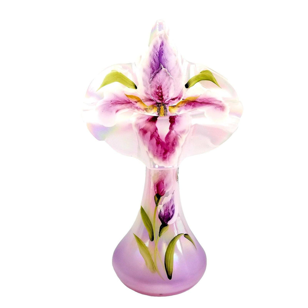 Vintage good Fenton Jack in the Pulpit Vase Pink Glass Hand Painted Flowers Signed