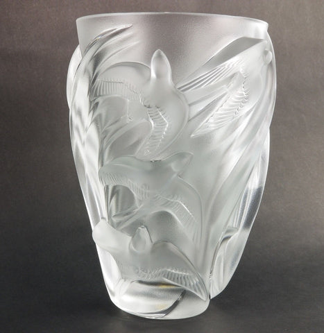 Signed Lalique Martinets Art Glass Frosted Crystal Vase Raised Birds 10"
