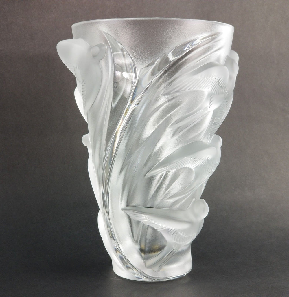 Signed Lalique Martinets Art Glass Frosted Crystal Vase Raised Birds 10"