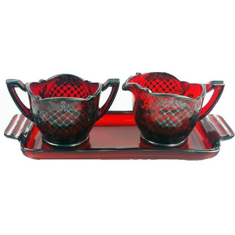 Sterling Silver Overlay Ruby Red Glass Creamer Sugar Tray Set