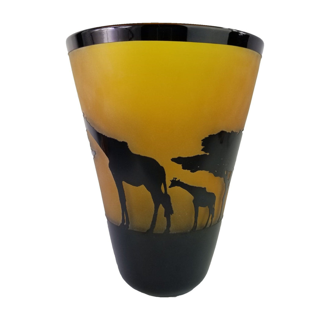 Steven Correia Amber Black Giraffes Art Glass Vase