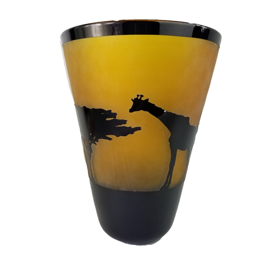 Steven Correia Amber Black Giraffes Art Glass Vase