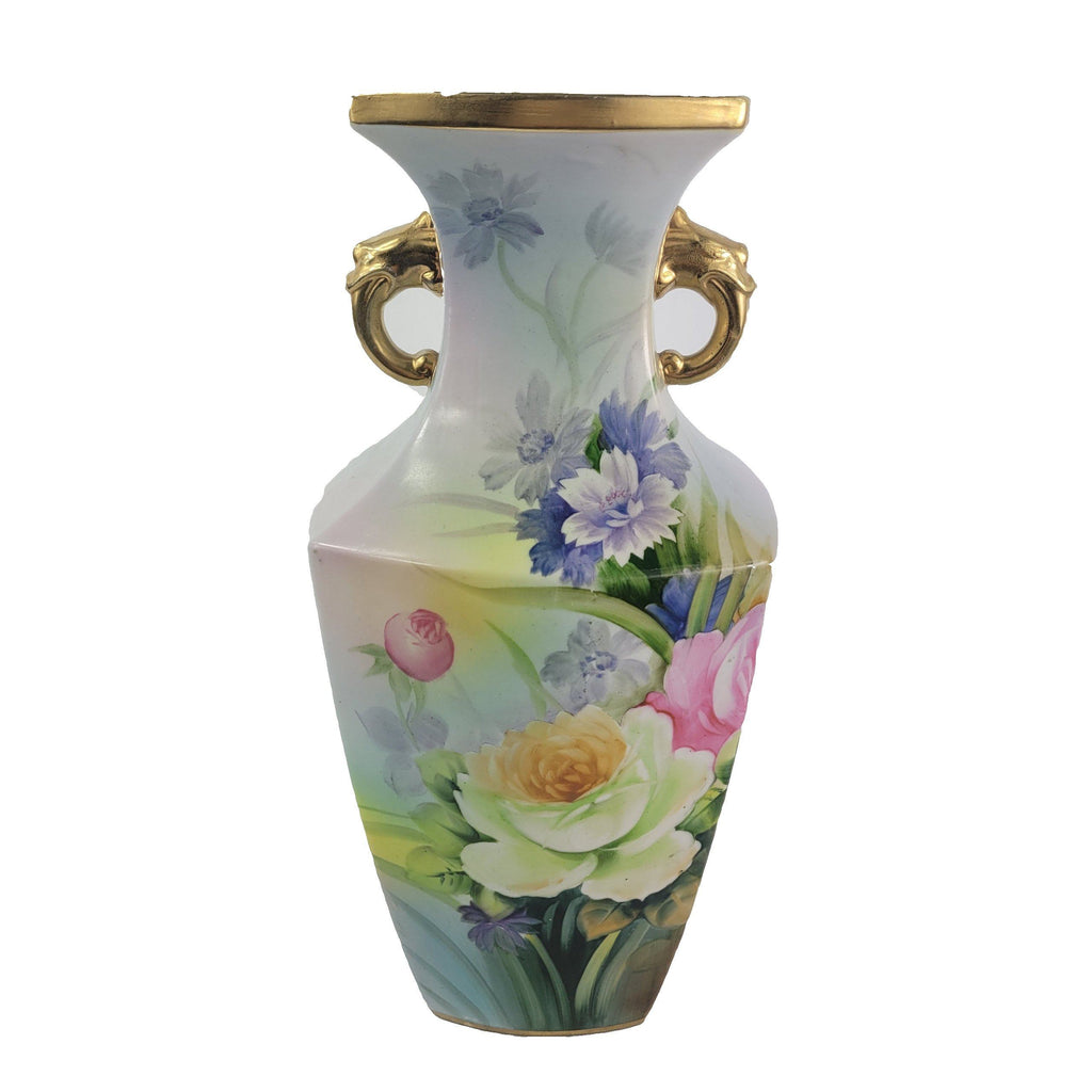 Vintage Hand Painted Nippon Porcelain Vase Double Dolphin Handles