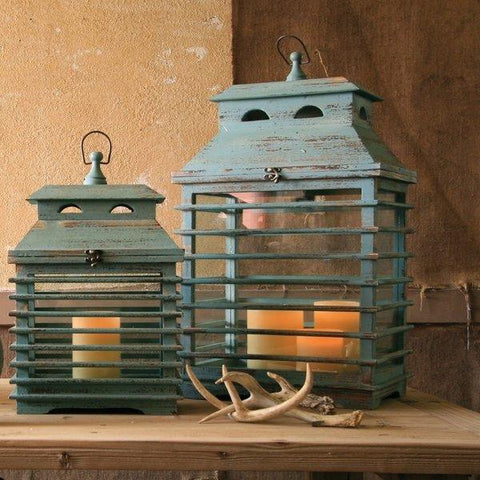 Vintage Style Blue Wood Shutter Lantern Set of 2