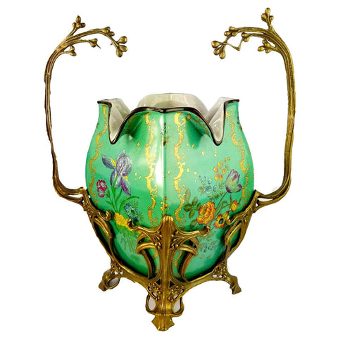 Wong Lee WL Porcelain & Bronze Art Nouveau Crackle Glaze Floral Vase 16"