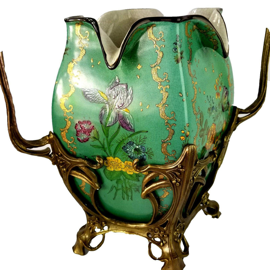Wong Lee WL Porcelain & Bronze Art Nouveau Crackle Glaze Floral Vase 16"